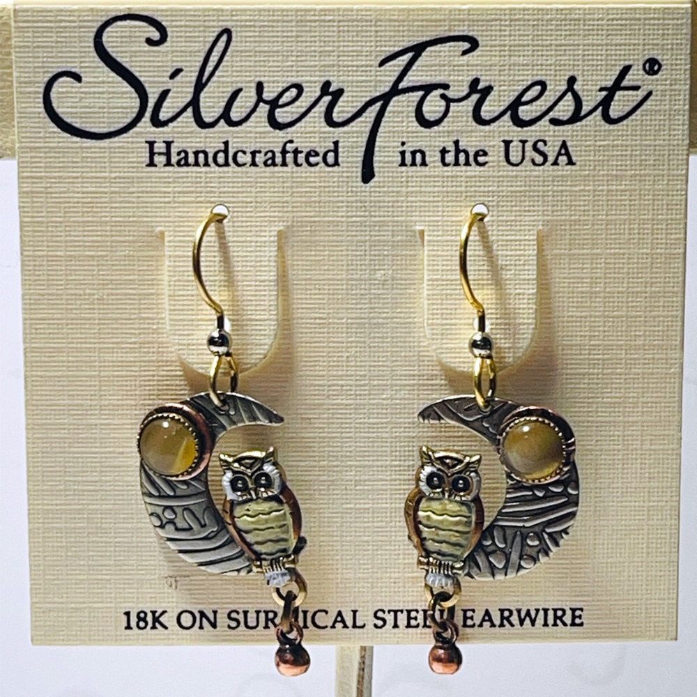 Silver Forest Tri-Tone Owl on Crescent Moon Earrings 🦉🌙 - Picture 2 of 10